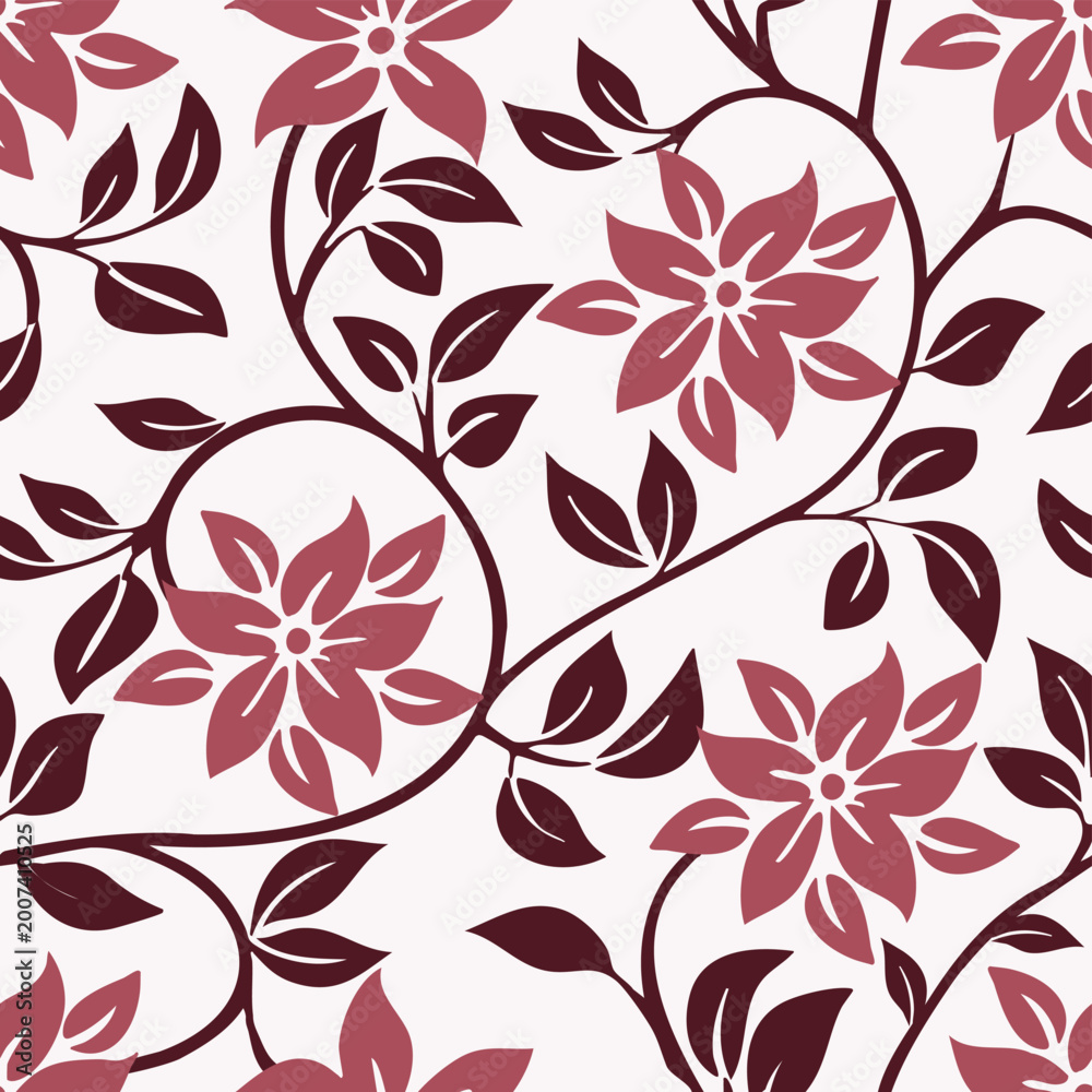 Fototapeta premium Elegant seamless floral pattern with pink flowers and deep maroon leaves on a white background. Sophisticated botanical damask design perfect for luxury textiles, wallpaper, and classic decor.