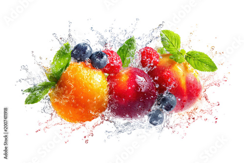 A splash of water with a variety of fruits including oranges, blueberries, and peaches. The fruits are surrounded by water droplets, creating a refreshing and vibrant scene, png