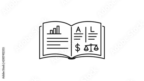 Foto Open book vector icon for fundamental analysis, presenting a minimalist line illustration with an editable stroke for adjustable weight, suitable for financial reports and business research