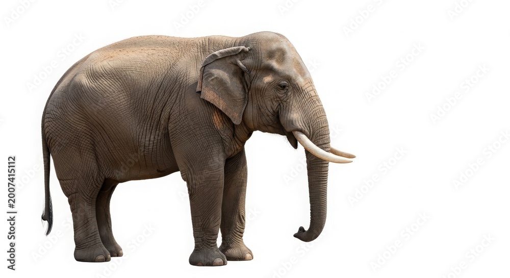 Obraz premium Majestic African elephant with large tusks, powerful bull elephant in profile view, wild safari animal with wrinkled grey skin texture isolated on White Background