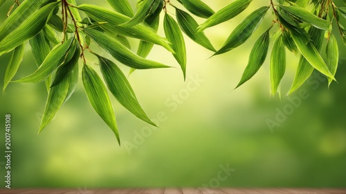 Lush green foliage drapes gracefully across the top edge above a wooden surface against a soft focus background.
