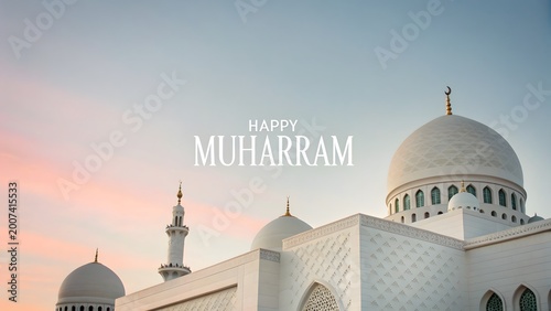 Happy Muharram greeting with white mosque architecture under soft sunrise sky
