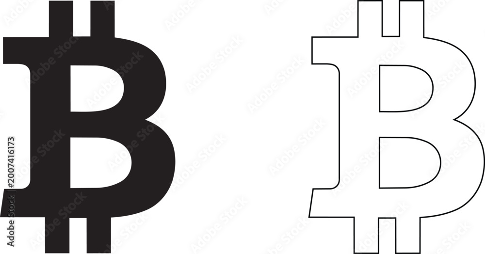 Obraz premium A black solid Bitcoin symbol and a white outline Bitcoin symbol displayed side by side on a white background representing digital currency and cryptocurrency concepts for financial technology and