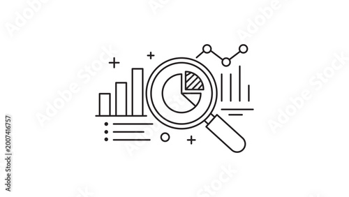 Foto Magnifying glass over statistical bar chart vector icon for quantitative analysis and data research, minimalist black line illustration with editable stroke and adjustable line weight