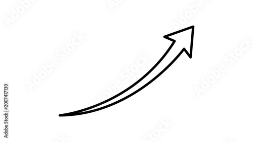 Curving growth arrow vector icon with editable stroke, minimalist black line illustration on white background representing business success, upward momentum, and positive development progress.