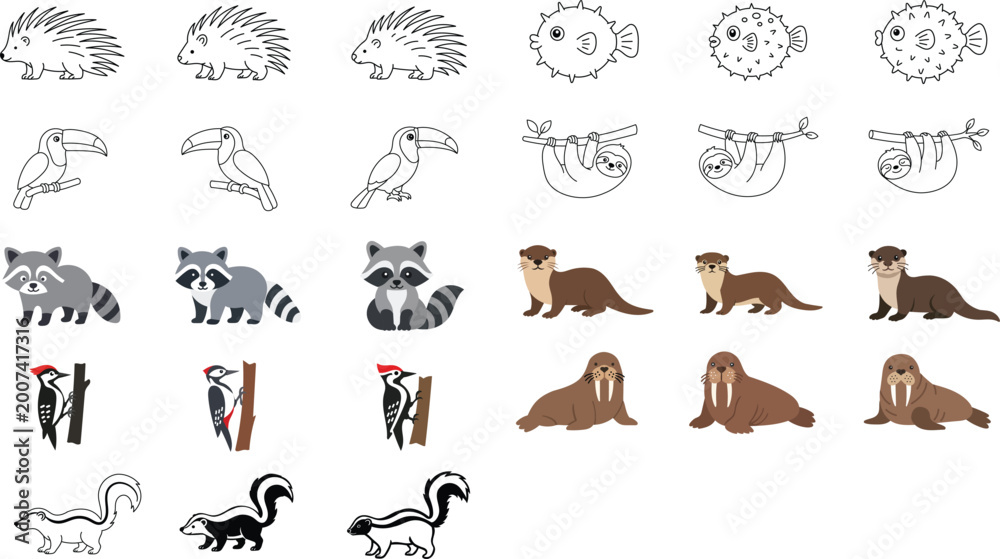 Obraz premium Collection of 27 minimalist wildlife and sea life vector icons set including sloth, toucan, raccoon, and pufferfish with editable stroke weight and customizable line weight for professional branding.