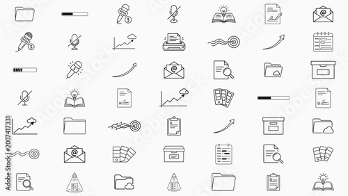 Professional Vector Icon Set of 49 Minimalist Black Line Icons for Business and Creative Design with Editable Stroke. This Collection Includes Cloud Folders, Archive Boxes, Calendars and Mail.