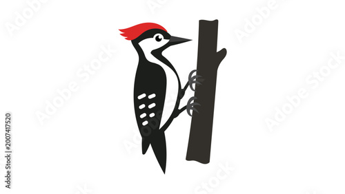 Schilderij op canvas A modern flat vector icon of a woodpecker with an editable stroke and simple bold shapes, ideal for nature-themed design projects and professional branding with its clean hand-drawn illustration
