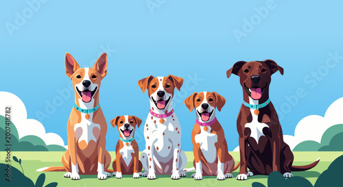 A happy and diverse group of pet dogs, a joyful canine family portrait rendered in a charming and clean vector illustration style on a sunny day