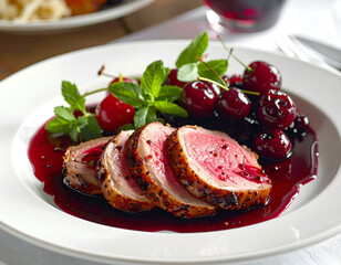 Exquisite gourmet culinary photography capturing sliced tender roasted duck or pork meat served with a rich dark cherry berry sauce.