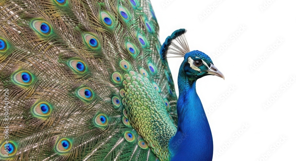 Obraz premium Majestic peacock with vibrant blue neck and green feathers, elegant male peafowl displaying colorful tail plumage, exotic bird profile isolated on White Background