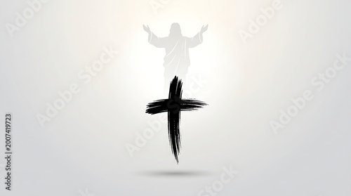 Jesus Christ silhouette with a black cross on a white background religion
