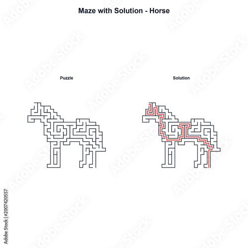 Foto Maze puzzle of horse with solution in red coloration