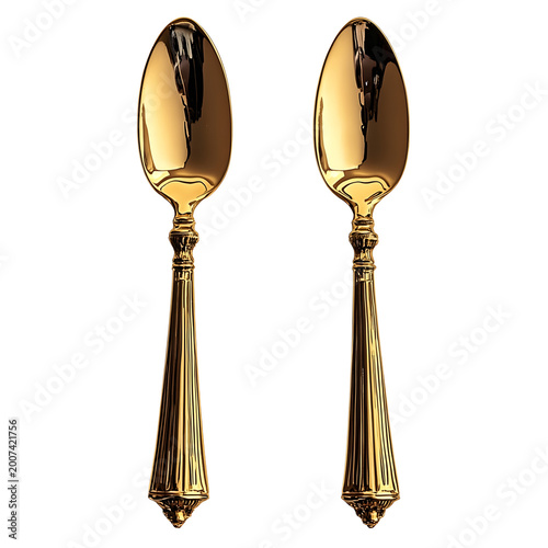 Front view of a pair of gold-plated cake servers for New Year's isolated on a white transparent background