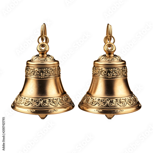 Front view of a pair of golden bells for New Year's isolated on a white transparent background