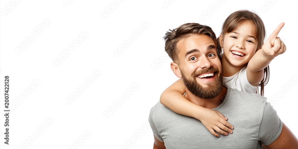 Obraz premium Joyful father giving his daughter a piggyback ride, both smiling and looking forward