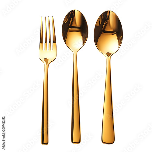 Front view of a set of metallic gold party utensils for New Year's isolated on a white transparent background