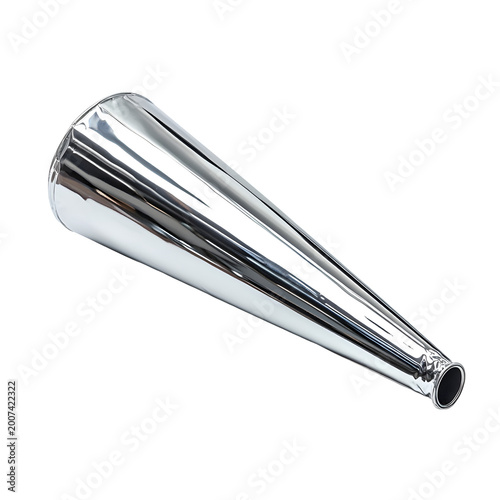 Front view of a silver metallic party horn for New Year's isolated on a white transparent background