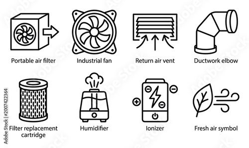 Set of air quality and ventilation related vector icons.
