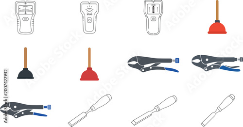 Foto Comprehensive Collection of Professional Vector Icon Set Featuring Essential Home Repair Tools Construction Equipment Plumbing Plungers Carpentry Wood Chisels and Vise Grips for Quality Maintenance