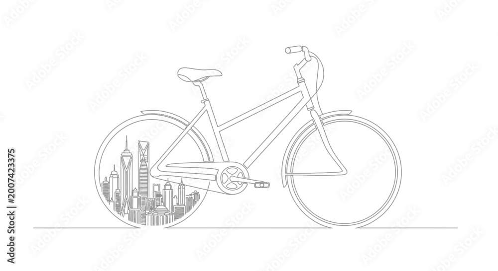 Fototapeta premium Cityscape Bicycle Line Art: Urban Cycling Concept
