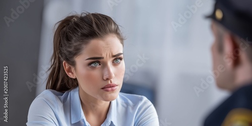 Concerned young woman consulting with police officer in a serious conversation Free Download Concerned young woman consulting with police officer in a serious conversation - GFXLoad