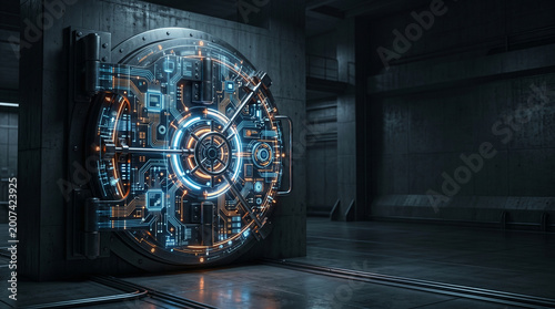 A futuristic, high-tech vault door with glowing circuitry stands in a dimly lit industrial room.