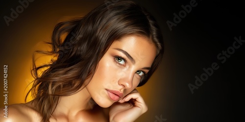 Chic woman with flawless skin and wavy brown hair holding a perfume bottle