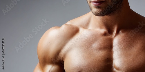 Close-up of a muscular man's chest and shoulder with defined pectoral muscles and deltoids