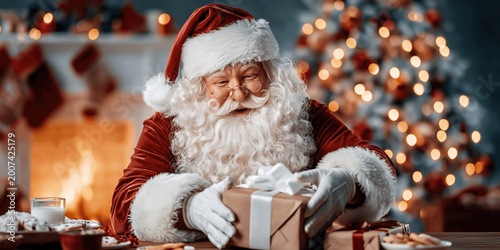 Santa Claus happily prepares gifts by a cozy fireplace and festive Christmas tree