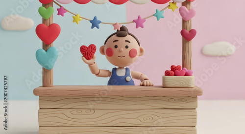 Cute Cartoon Boy Holding Gift Box with Hearts Floating on Soft Pastel Background