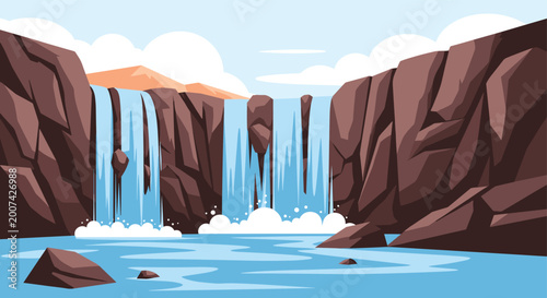 Beautiful landscape of a wide waterfall flowing over rocky cliffs into a blue pool under a bright sky with soft white clouds for nature design.
