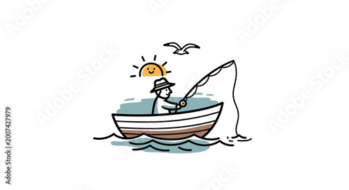 Happy Fisherman on Boat Fishing with Rod, Seagulls Flying, Sunny Day