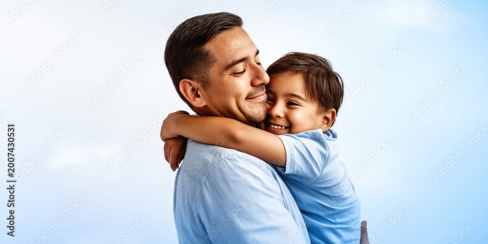 Fototapeta premium A loving Latino father embraces his happy son in a tender, heartwarming hug