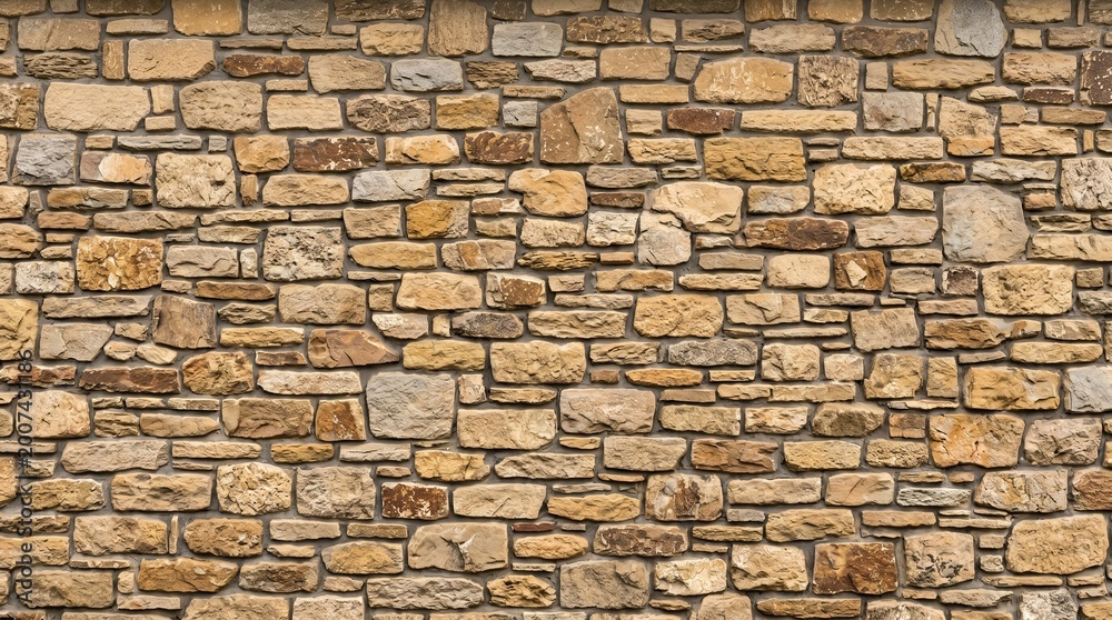 Fototapeta premium Rustic weathered panoramic stone wall texture background for architectural design and construction