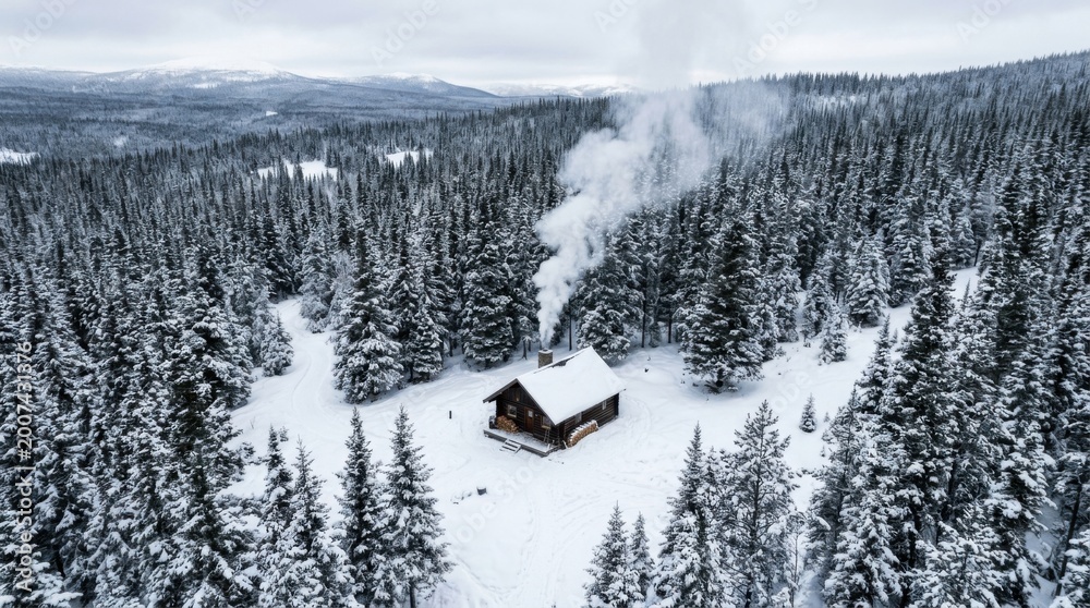 Fototapeta premium Snowy Cabin in the Forest with Smoke Rising from Chimney.