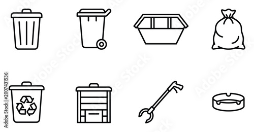 Foto Trash and waste disposal icons, bin, garbage bag, recycling, ashtray, litter picker, waste bin
