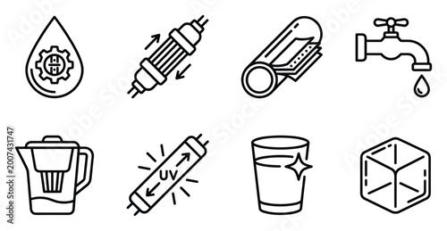 Foto Water purification and filtration system icons for clean drinking water