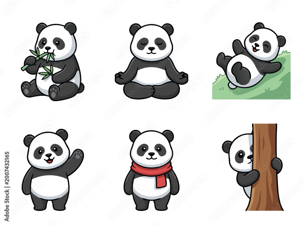 Naklejka premium Cute Cartoon Panda Illustrations Set.