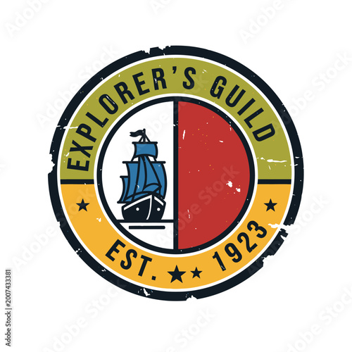Vintage Explorer's Guild Retro Badge Illustration with Sailing Ship and Established Date