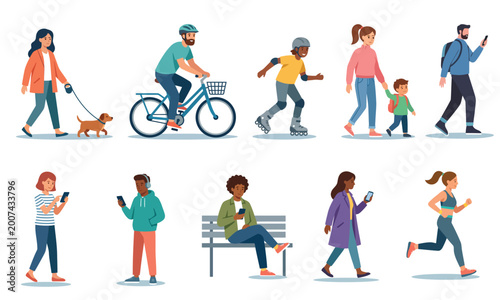 Modern Flat Vector People Activities Set – Walking Dog, Cycling, Skating, Running, Using Smartphone, Urban Lifestyle Illustration Collection