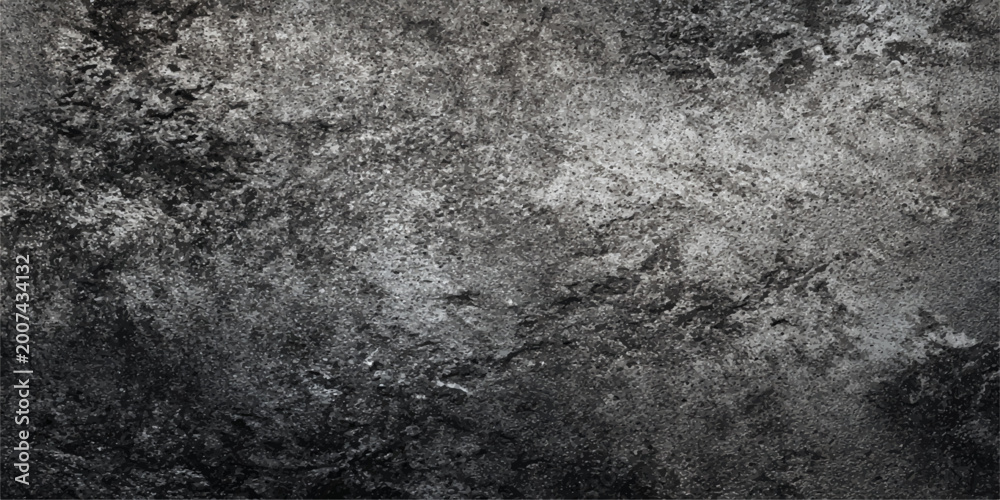 Fototapeta premium A dark aged concrete wall with a rough grunge texture meets a black asphalt surface in this vintage gray stone and cement pattern background