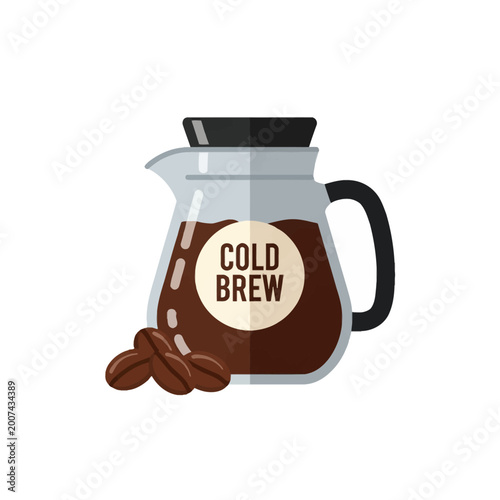 Flat vector illustration of a glass pitcher filled with cold brew coffee, featuring a circular label and roasted coffee beans at the base, isolated on a white background.