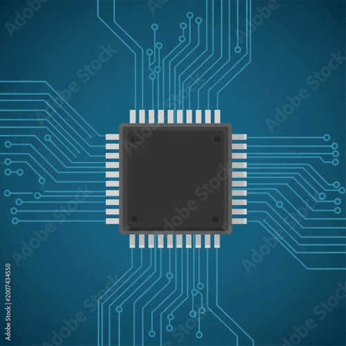 A vector illustration of a central computer microchip mounted on a blue integrated circuit board with light blue electrical conduction lines and traces radiating outward.