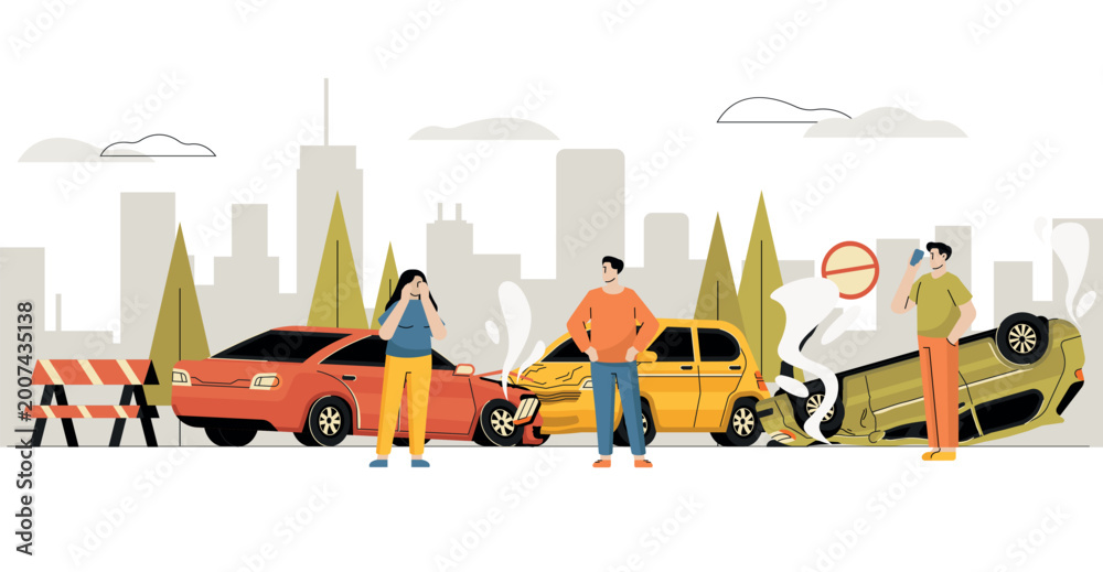 Naklejka premium Car accident crash scene with emergency services and traffic damage for insurance claim banners, safety infographics, and urban warning or website design. Vector illustration