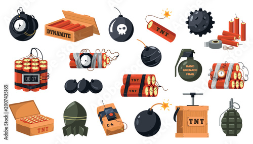 Photos Explosives and bomb icon set with timer fuses and hazard warnings for military training games, safety education apps, and defense or security sticker design