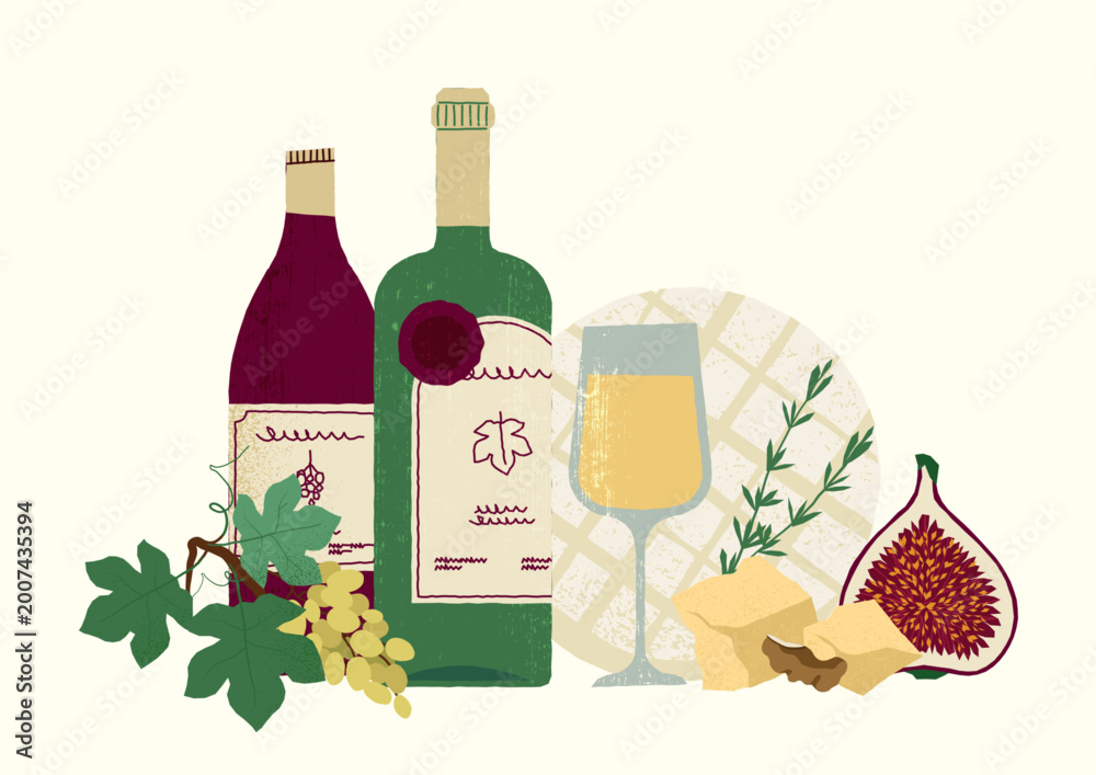 Naklejka premium Wine tasting still life with bottles, grapes, and cheese for winery posters, gourmet restaurant banners, and vineyard or bar menu illustration design. Rustic vector composition