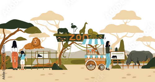 Konstfotografi Zoo wildlife scene with lion enclosure and visiting families for conservation education banners, safari park websites, and tourism flyer or app design