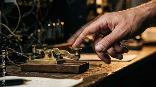 Close up of a hand operating a vintage telegraph machine.