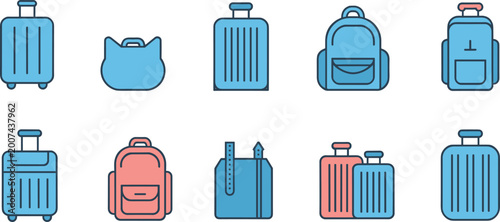 Bild auf Leinwand Set of flat line travel luggage icons featuring blue and pink suitcases, backpac